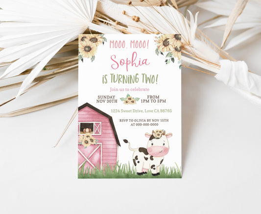 Sunflower Cow Girl Birthday Invitation | Editable Floral Farm Party Invite - 11G