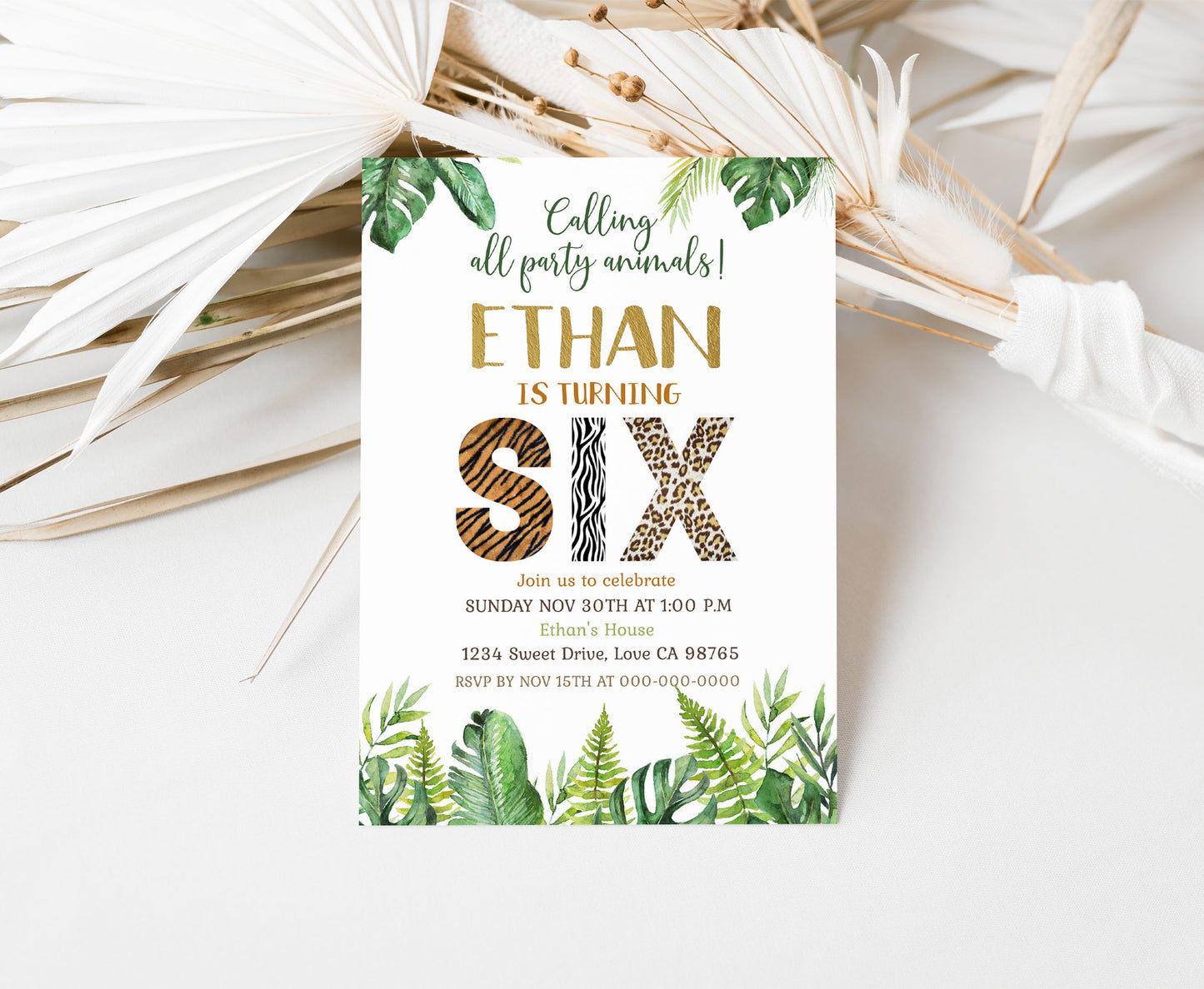 Six Birthday Invitation Animal Print | Safari 6th Birthday Invite - 35H