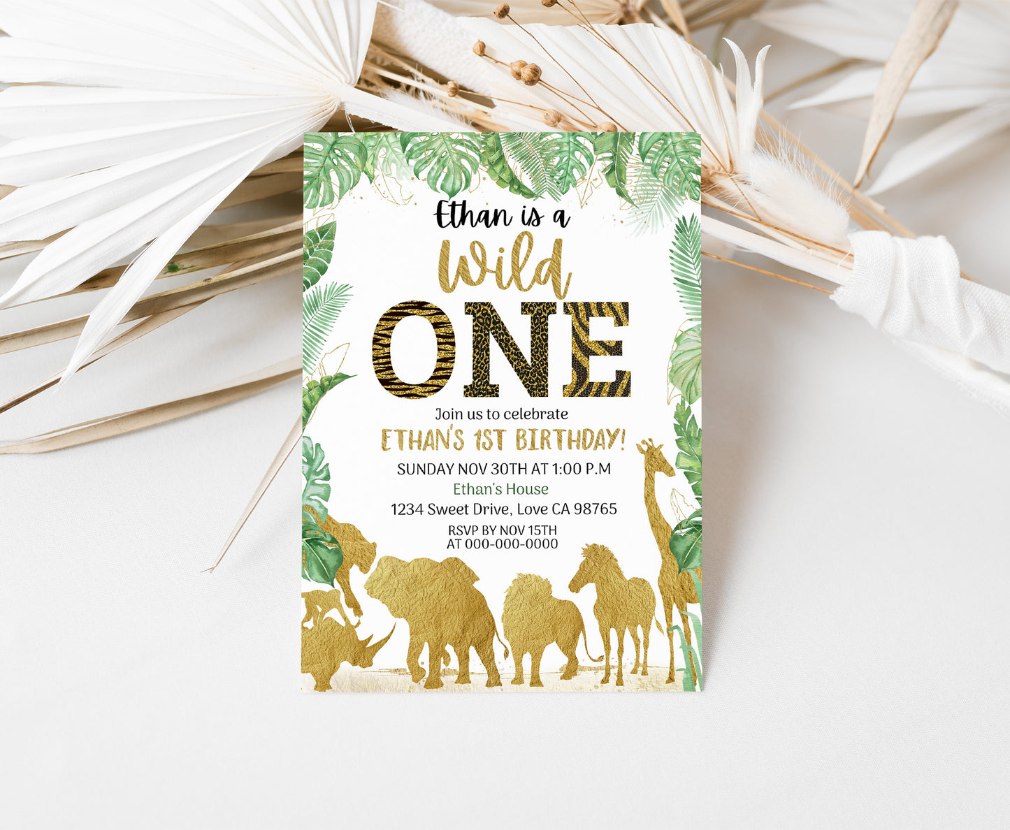 Gold Safari Animals 1st Birthday Invitation | Editable Wild One Birthday Invite - 35K