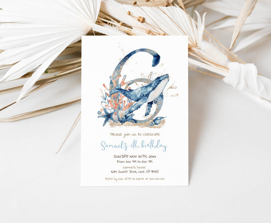 Whale Sixth birthday Invitation | Editable Under the sea invite - 44C