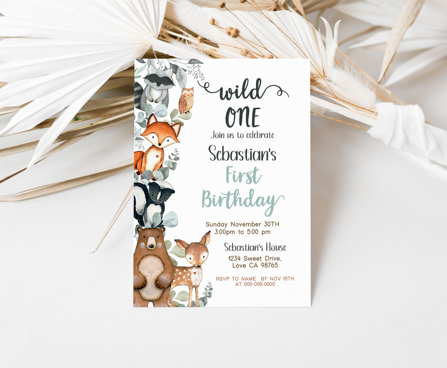 EuEucalyptus Woodland Birthday Invitation | Editable Greenery Woodland Birthday Party - 47J1