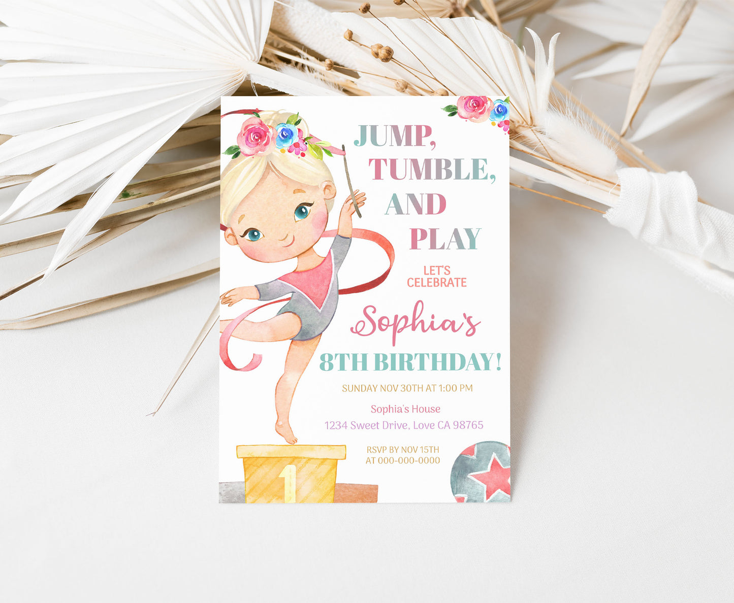 Floral Gymnastic Birthday Invitation Girl | Gymnastic Party Invite - 99A