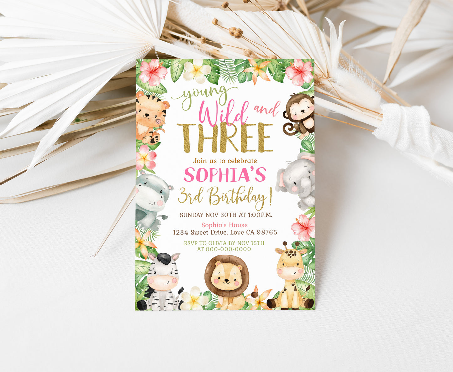 Young Wild and Three Invitation | Editable Girl Safari Birthday Party Invite - 35E