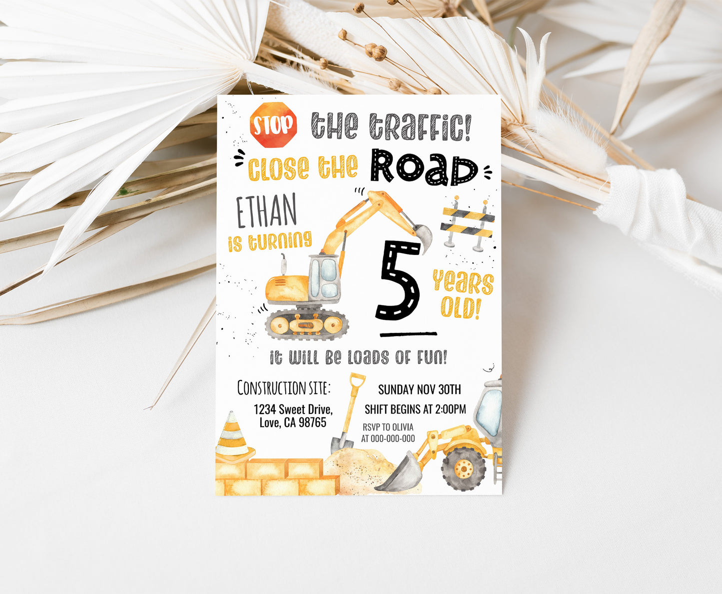 Construction Birthday Party Invitation | Editable Under Construction Theme Invite - 07A