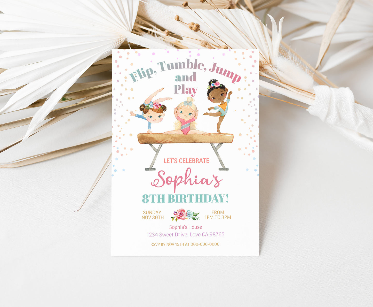 Floral Gymnastic Birthday Invitation Girl | Gymnastic Party Invite - 99A