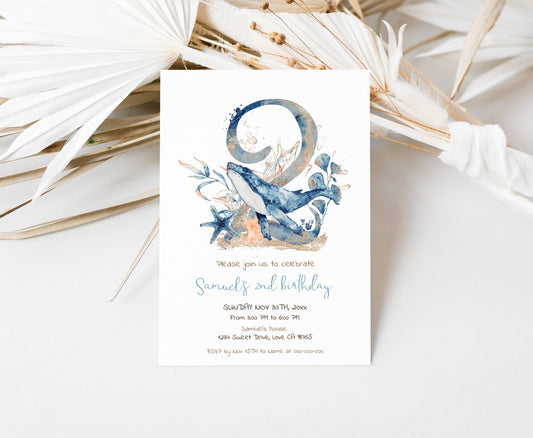 Whale second birthday Invitation | Editable Under the sea Invite - 44C