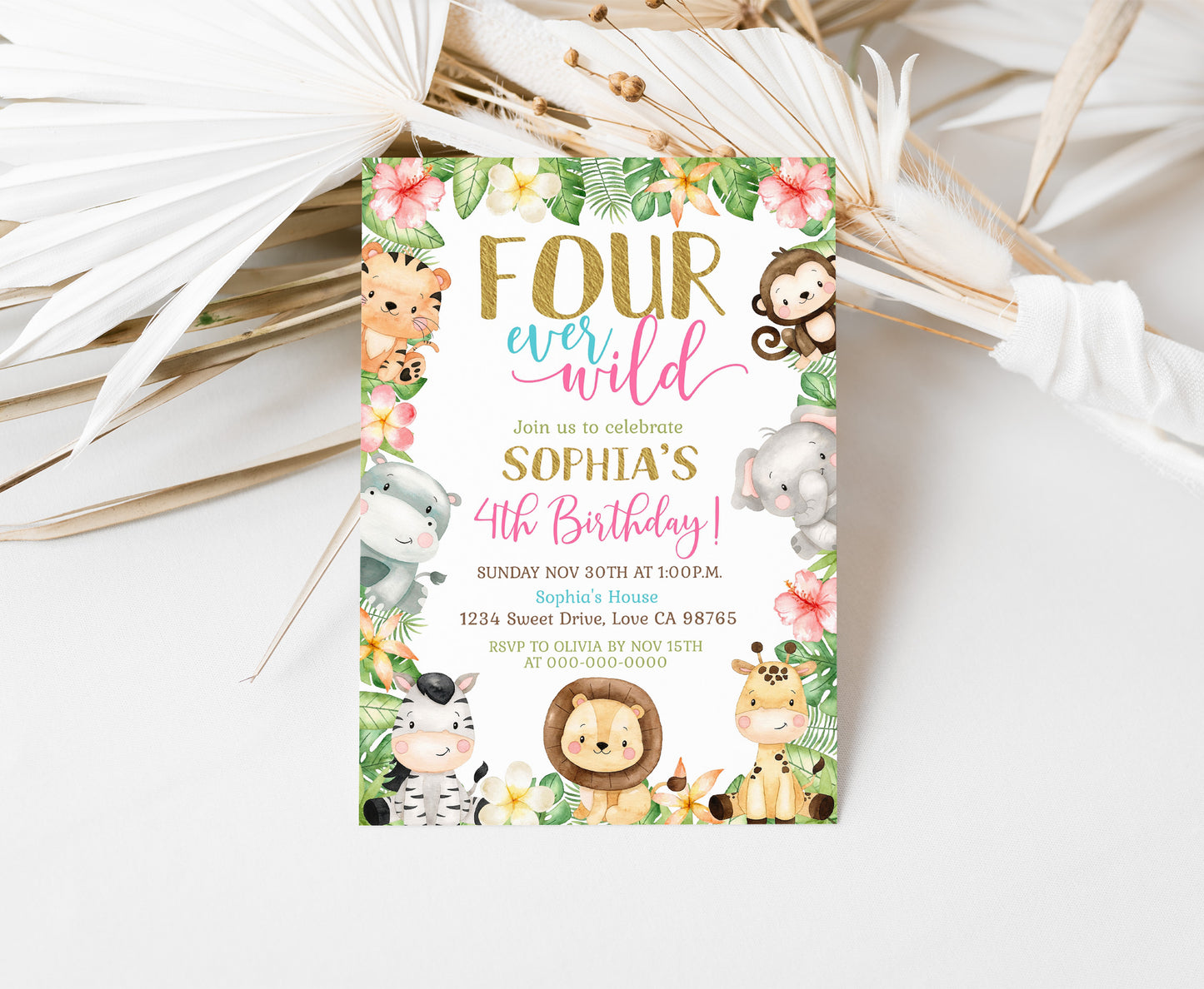 Four ever wild Birthday Invitation | Editable Girl Safari Party Invite - 35E