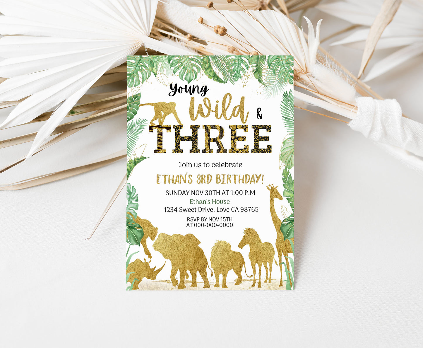 Young wild and three Birthday Invitation | Editable Safari 3rd Birthday invitation - 35K