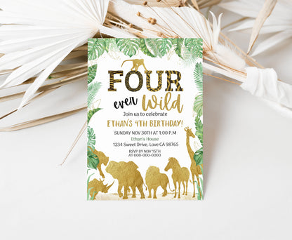 Four Ever Wild Birthday Invitation | Editable safari 4th Birthday Invite - 35K