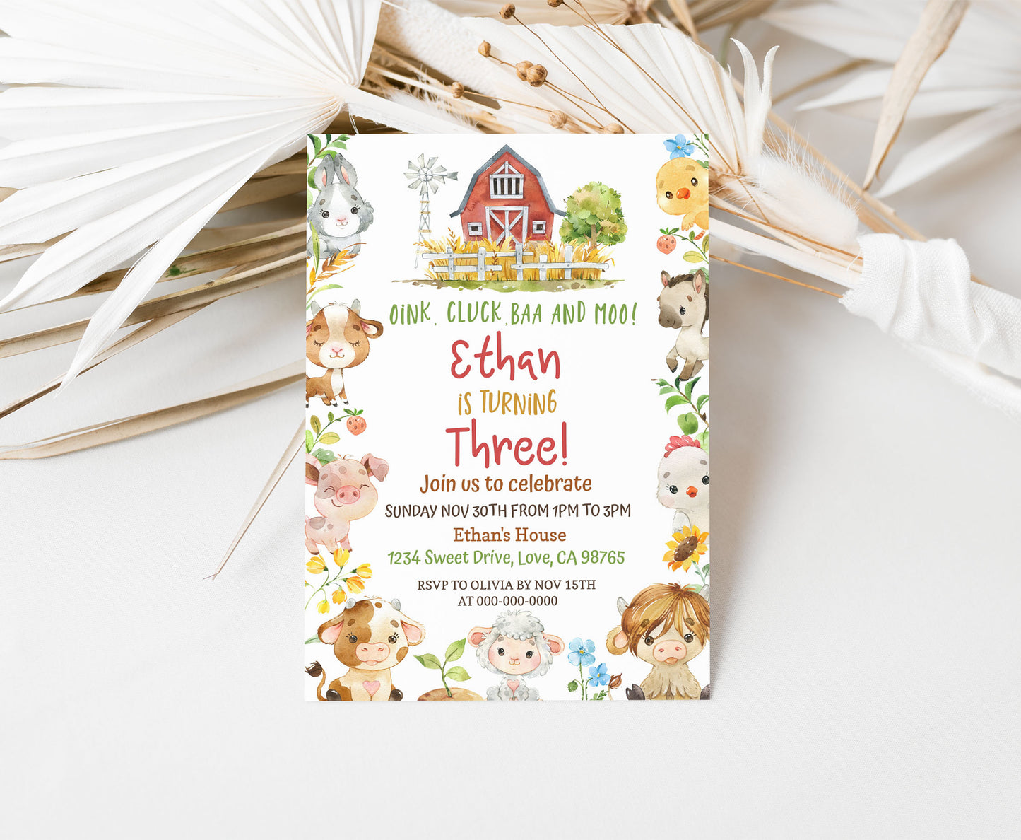 Farm Animals Birthday Invitation Boy | Barnyard Bash Party Invite - 11D