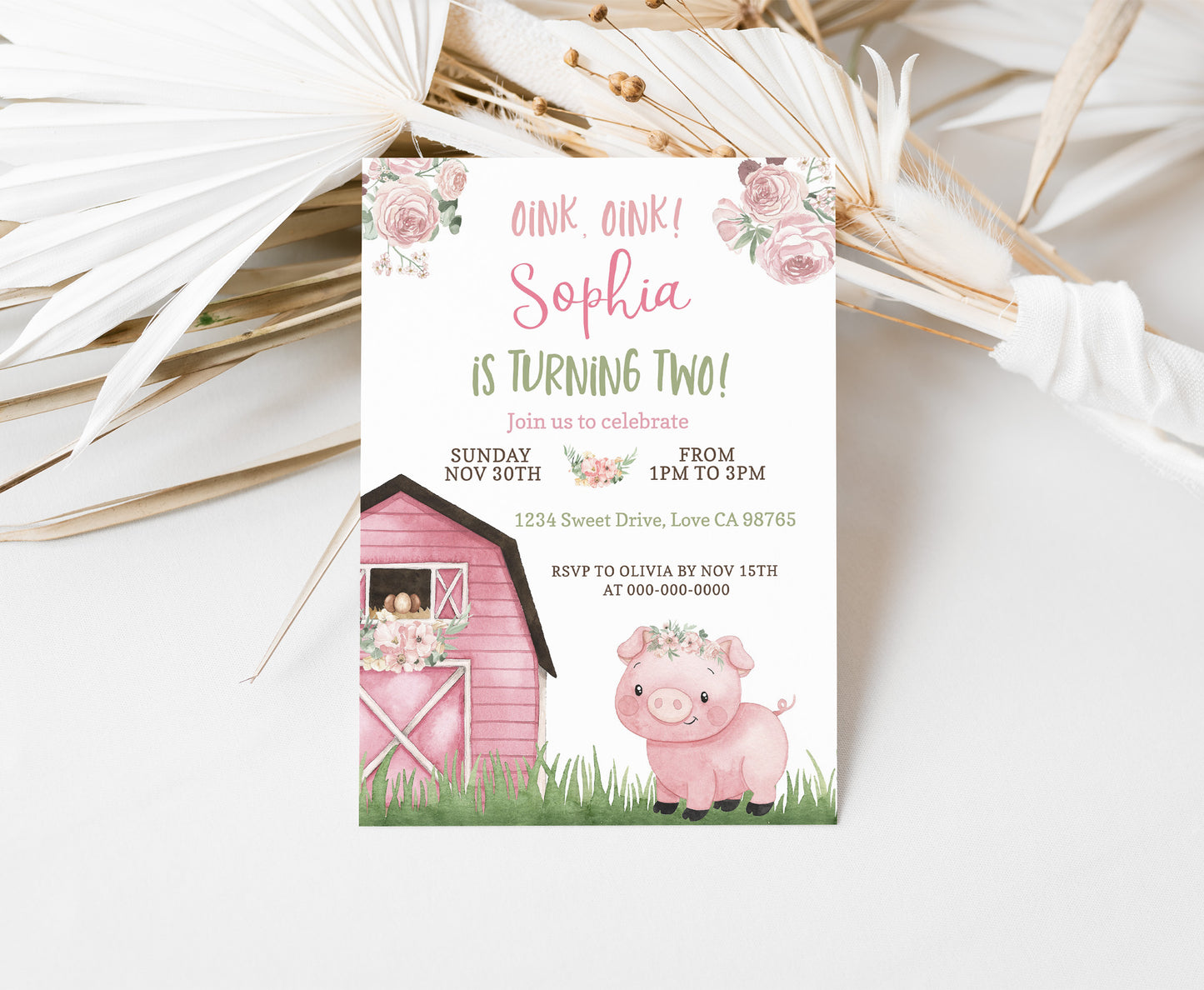 Pig Girl Birthday Invitation | Editable Floral Farm Party Invite - 11A