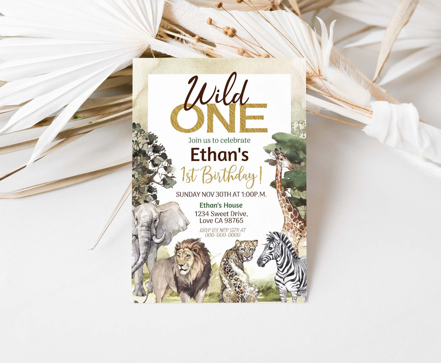 Wild One Birthday Invitation | Safari 1st birthday Party Invite - 35I