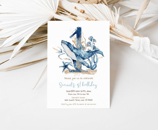 Whale first birthday Invitation | Editable Under the sea Invite - 44C