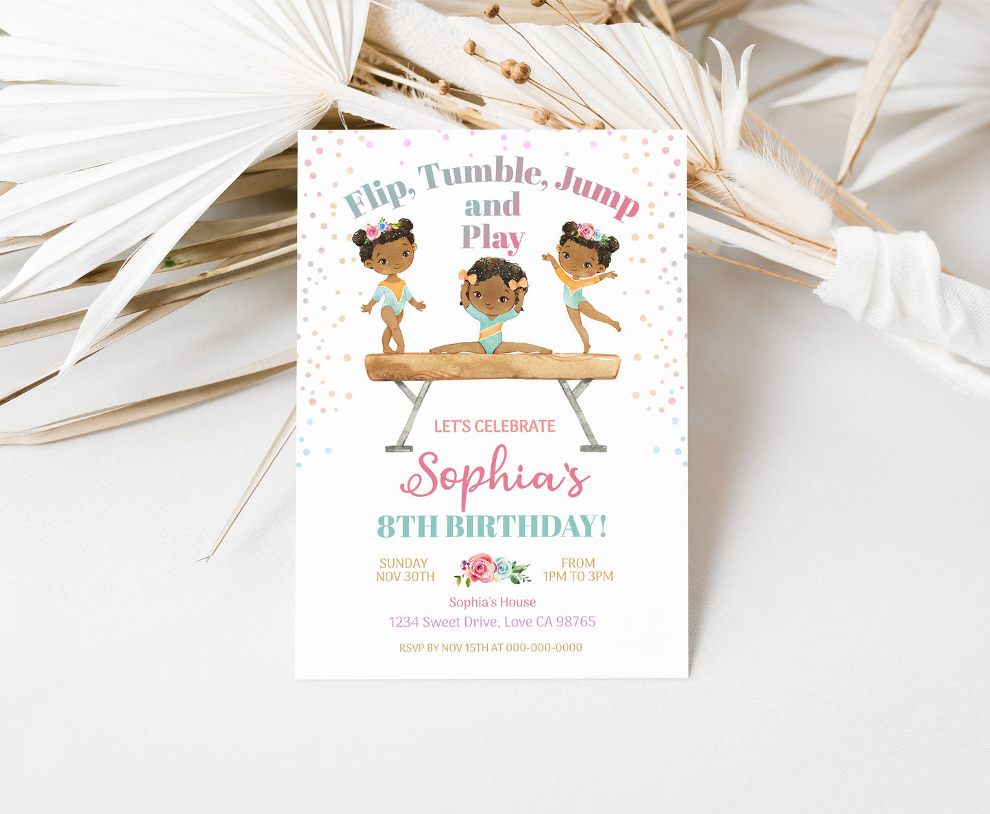 Gymnastic Birthday Invitation Girl | Floral Gymnastic Party Invite - 99A