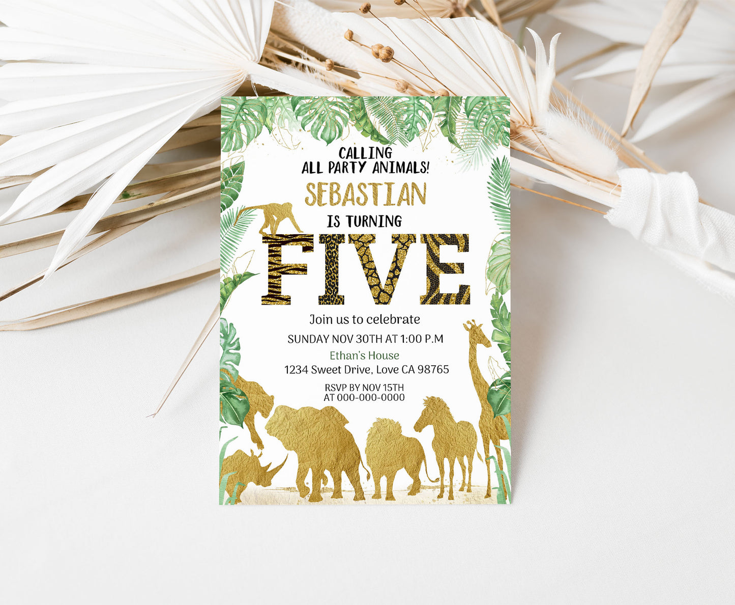 Gold Safari Animals 5th Birthday Invitation | Editable Five Birthday Invite - 35K