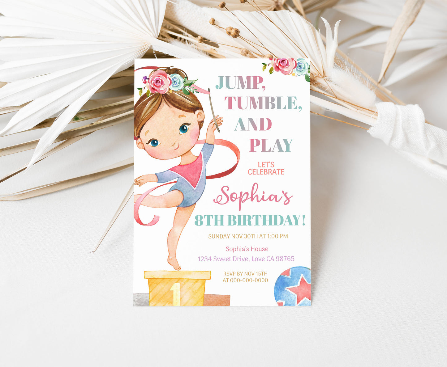 Editable Gymnastic Birthday Invitation Girl | Floral Gymnastic Party Invite - 99A