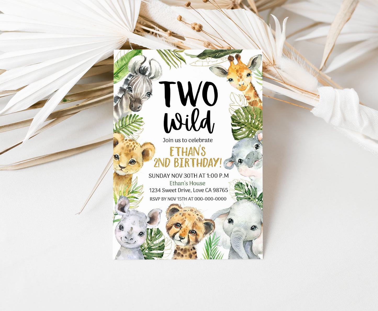 Two Wild Safari Invitation | Editable Jungle Animals 2nd Birthday Invite - 35A