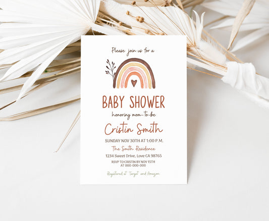 EDITABLE Boho Rainbow Baby Shower Invitation | Neutral Rainbow Baby Shower Invite - 33B