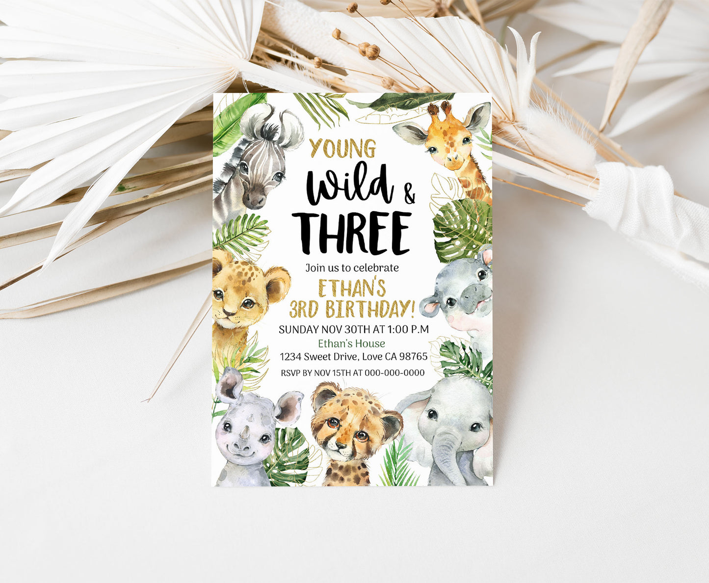 Wild and Three Safari Invitation | Editable Jungle 3rd Birthday Invite - 35A