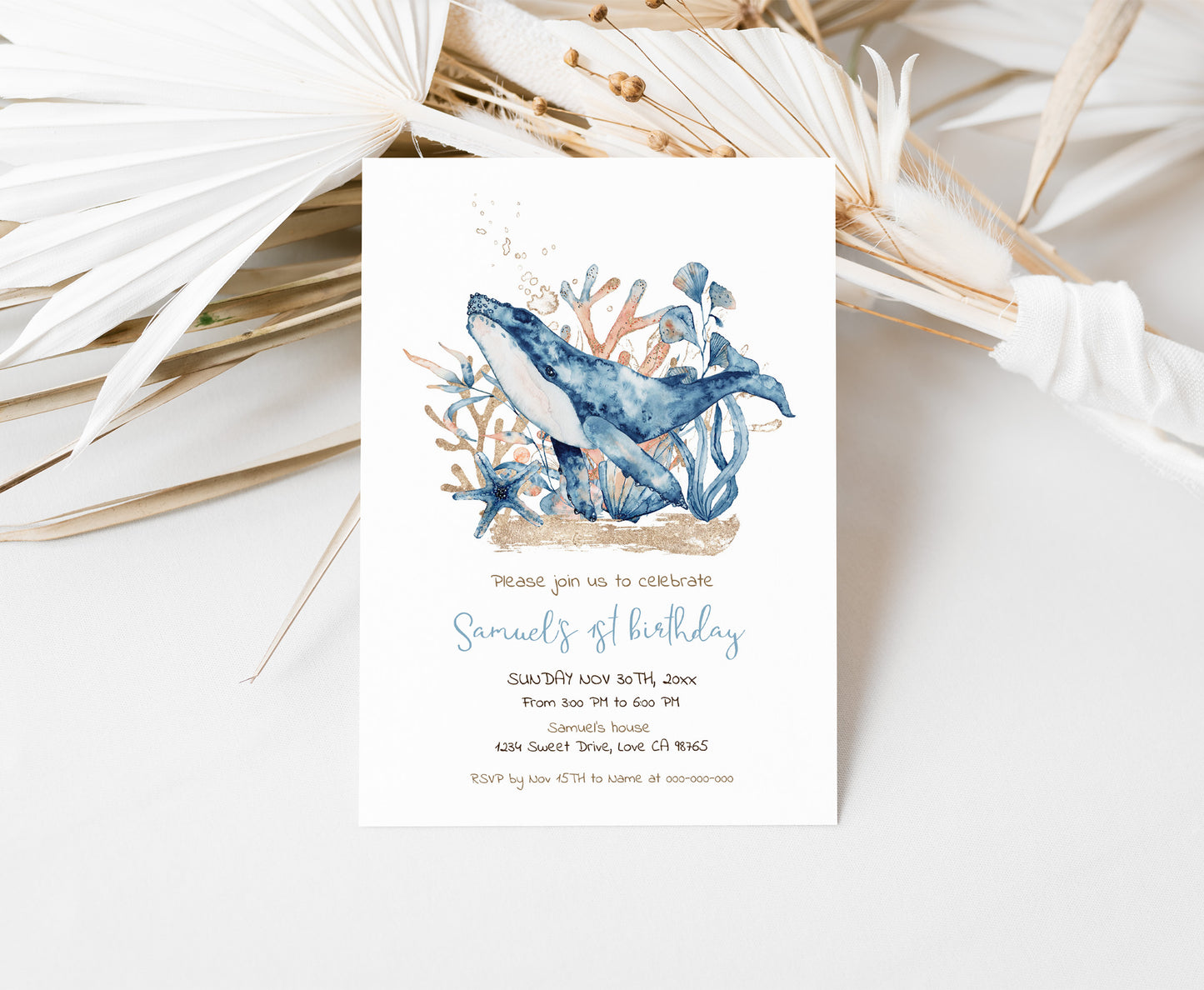 Whale first birthday Invitation | Editable Under the sea Invite - 44C