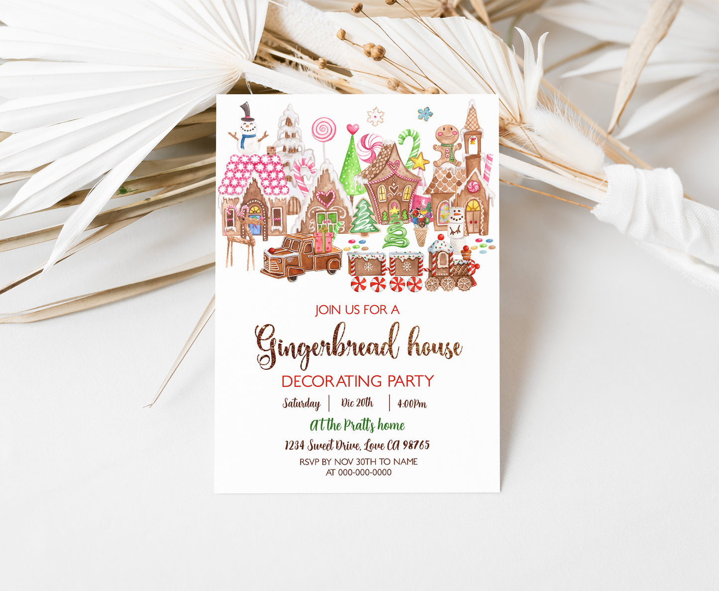 Gingerbread house decorating party invitation | Editable Christmas cookie party invite - 112F