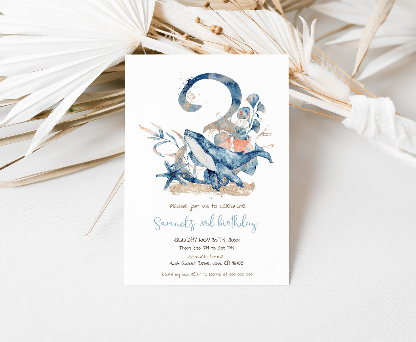 Whale third Birthday Invitation | Editable Under the sear Invite - 44C