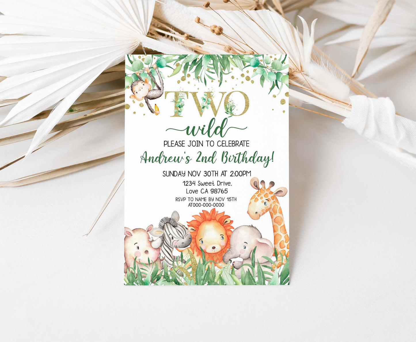 Two Wild safari Birthday Invitation | Editable Jungle Animals Party Invite - 35J