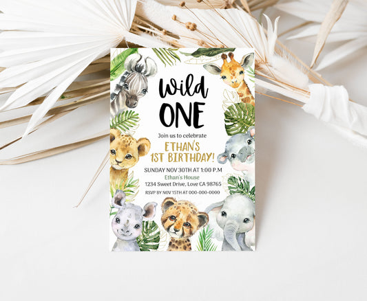 Safari Wild One Invitation | Editable Jungle Animals 1st Birthday Invite - 35A