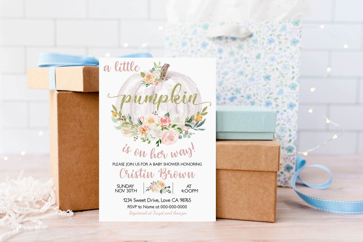 A Little Pumpkin is on the Way Invitation | Editable Pumpkin Baby Shower Girl Invite - 30H