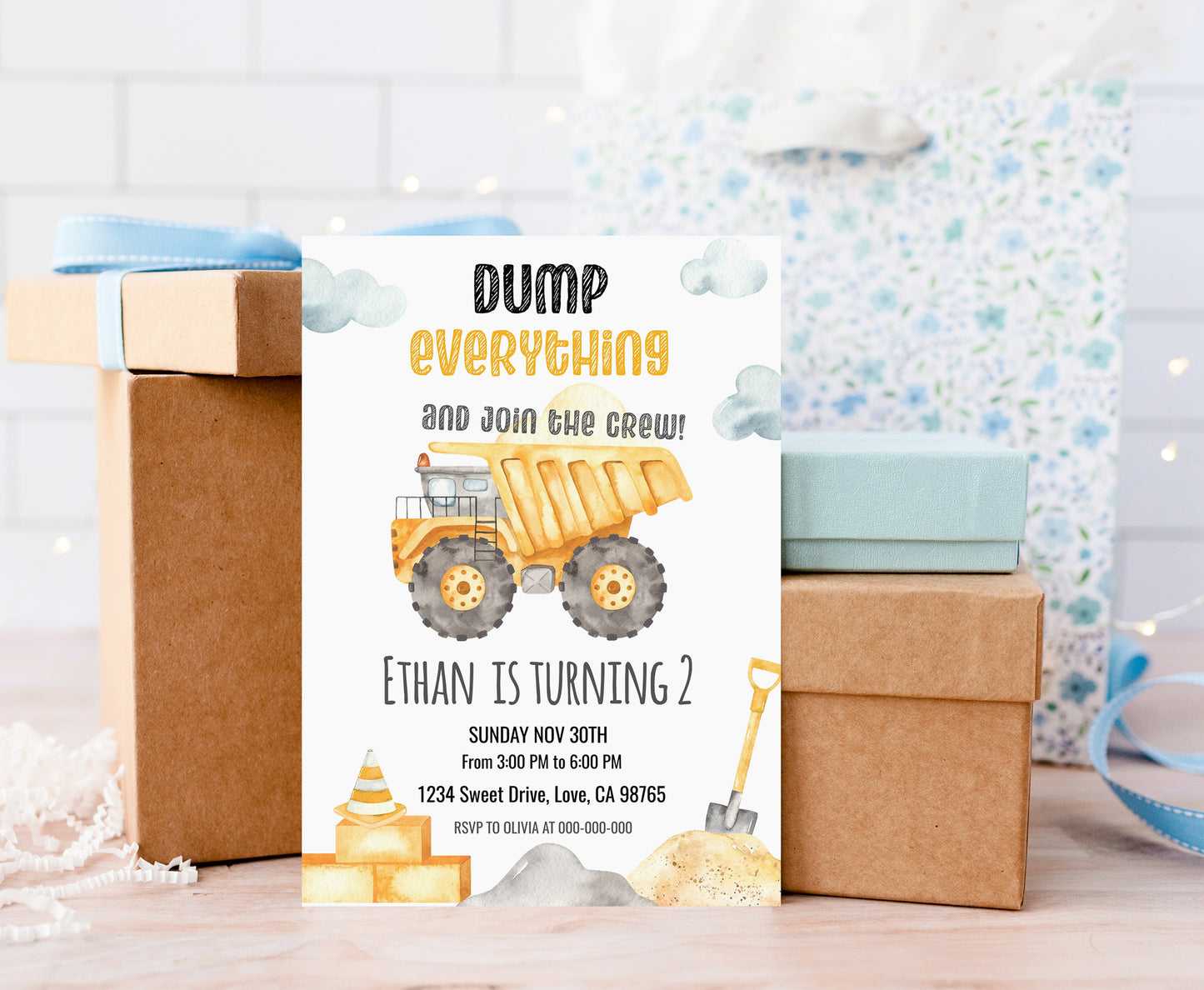 Dump Truck Birthday Invitation | Editable Construction Party Invite - 07A