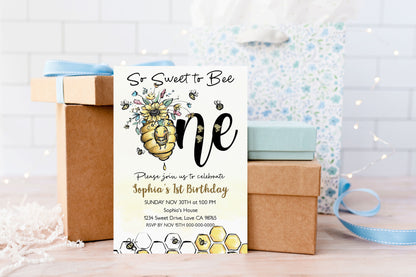 So Sweet to Bee One Editable Invitation | Bee 1st Birthday Party Invite - 61A
