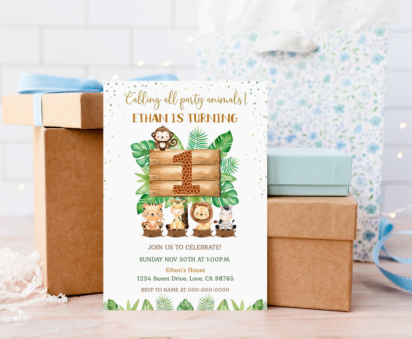 Safari 1st Birthday Invitation | Editable Jungle Theme Party Invited - 35E