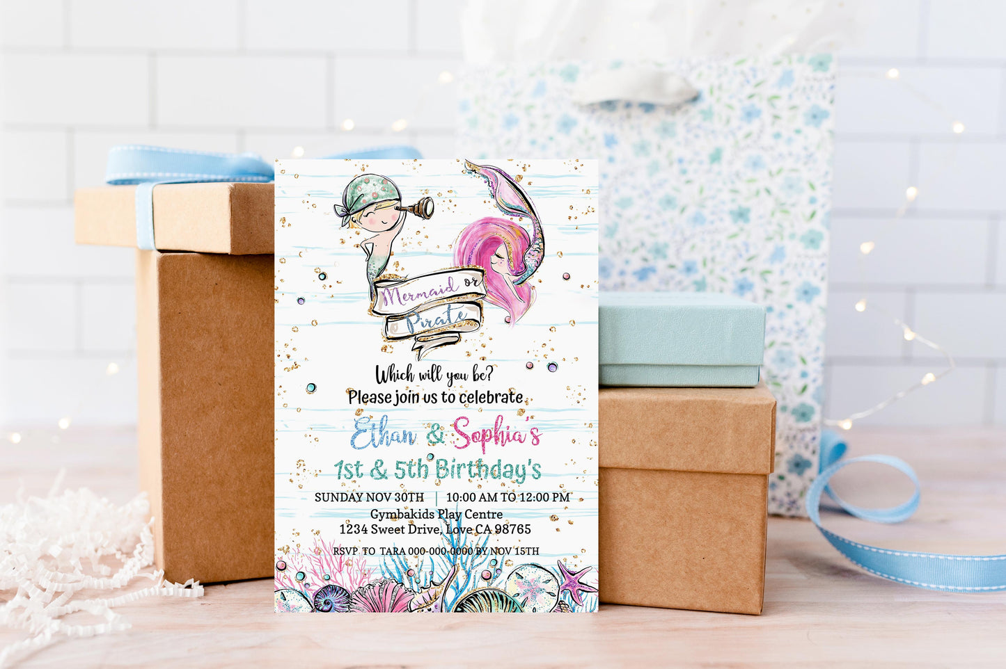 Pirate and Mermaid Birthday Invitation | EDITABLE Brother and Sister Party Invite - 20A1