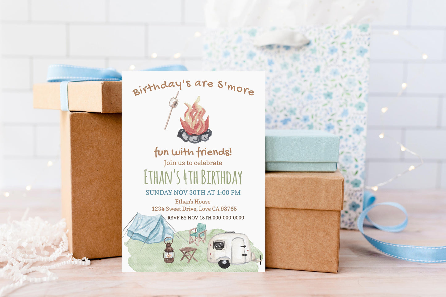 Camping Birthday Invitation | Editable Smores Birthday Party Invite - 04A