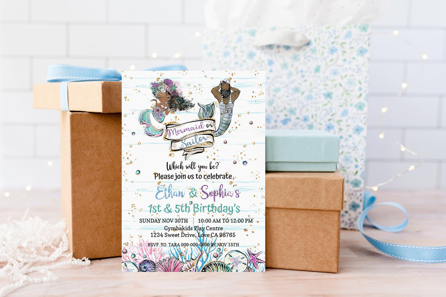 Mermaid or Sailor Party Invitation | EDITABLE Twins Birthday Invite - 20C1