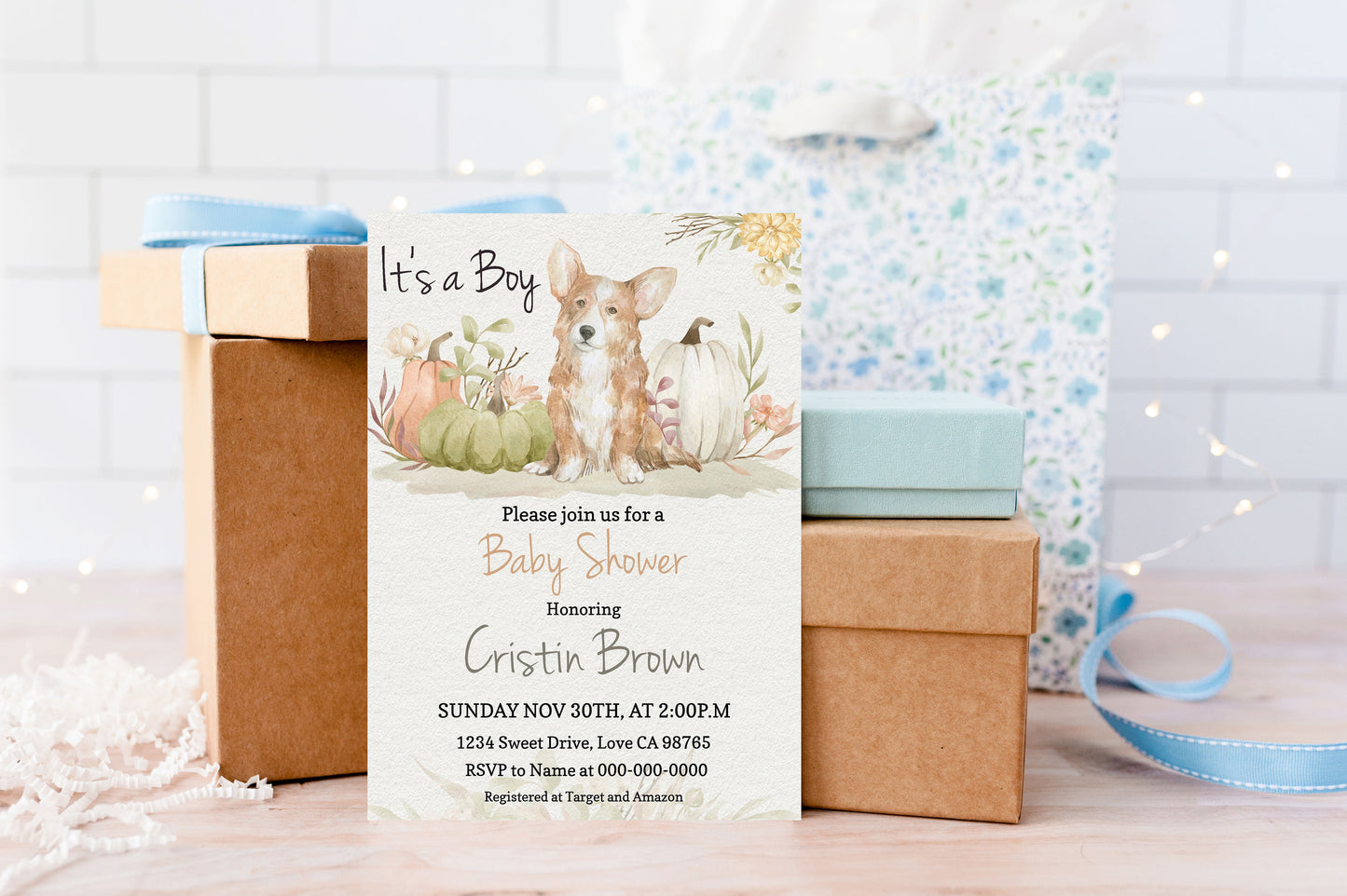 Editable It's a Boy Corgi and Pumpkins Invitation | Fall Boy Baby Shower - 30G2