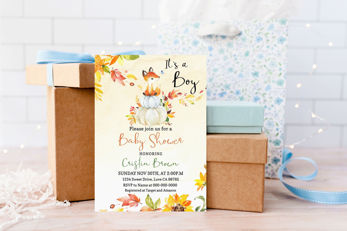 Editable It's a Boy Pumpkin Invitation | Fall Fox Baby Shower - 30F2