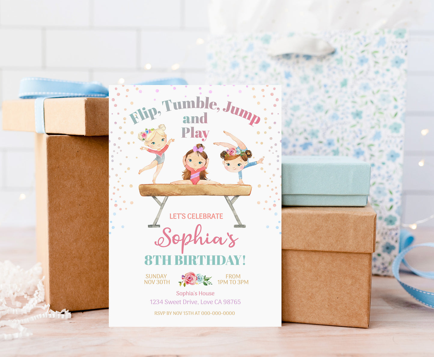 Gymnastic Birthday Invitation Girl | Gymnastic Party Invite - 99A