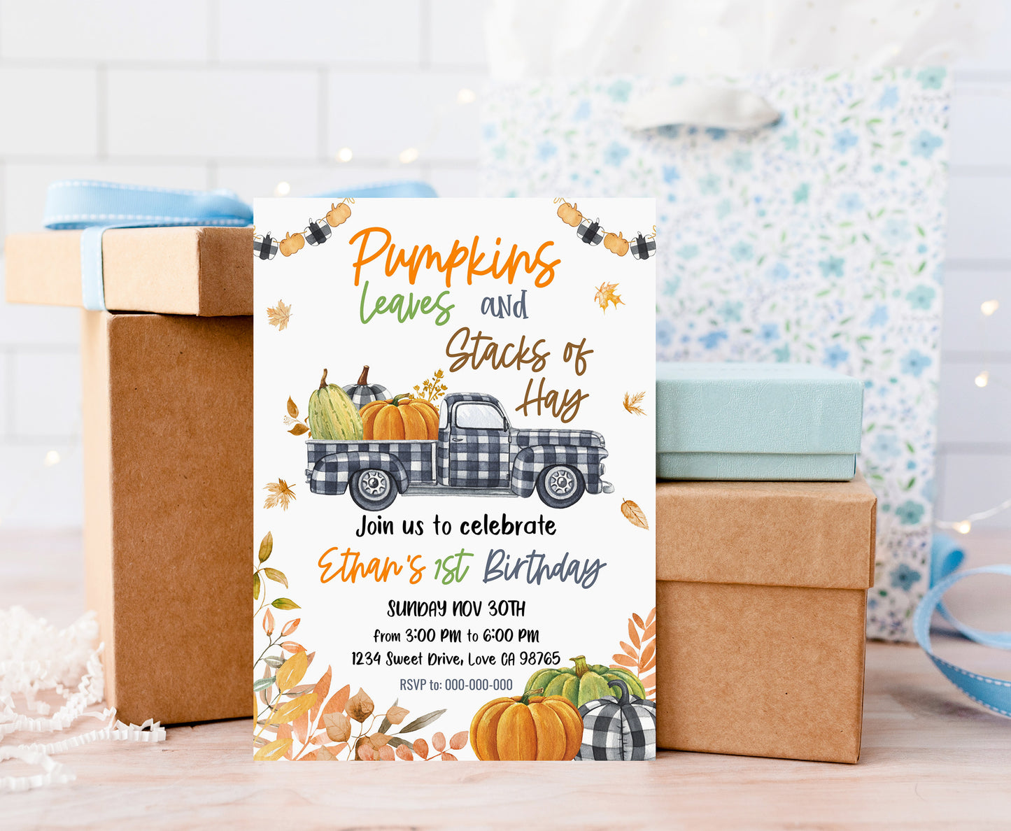 Pumpkin Truck Invitation | Editable Pumpkin Birthday Party - 30K