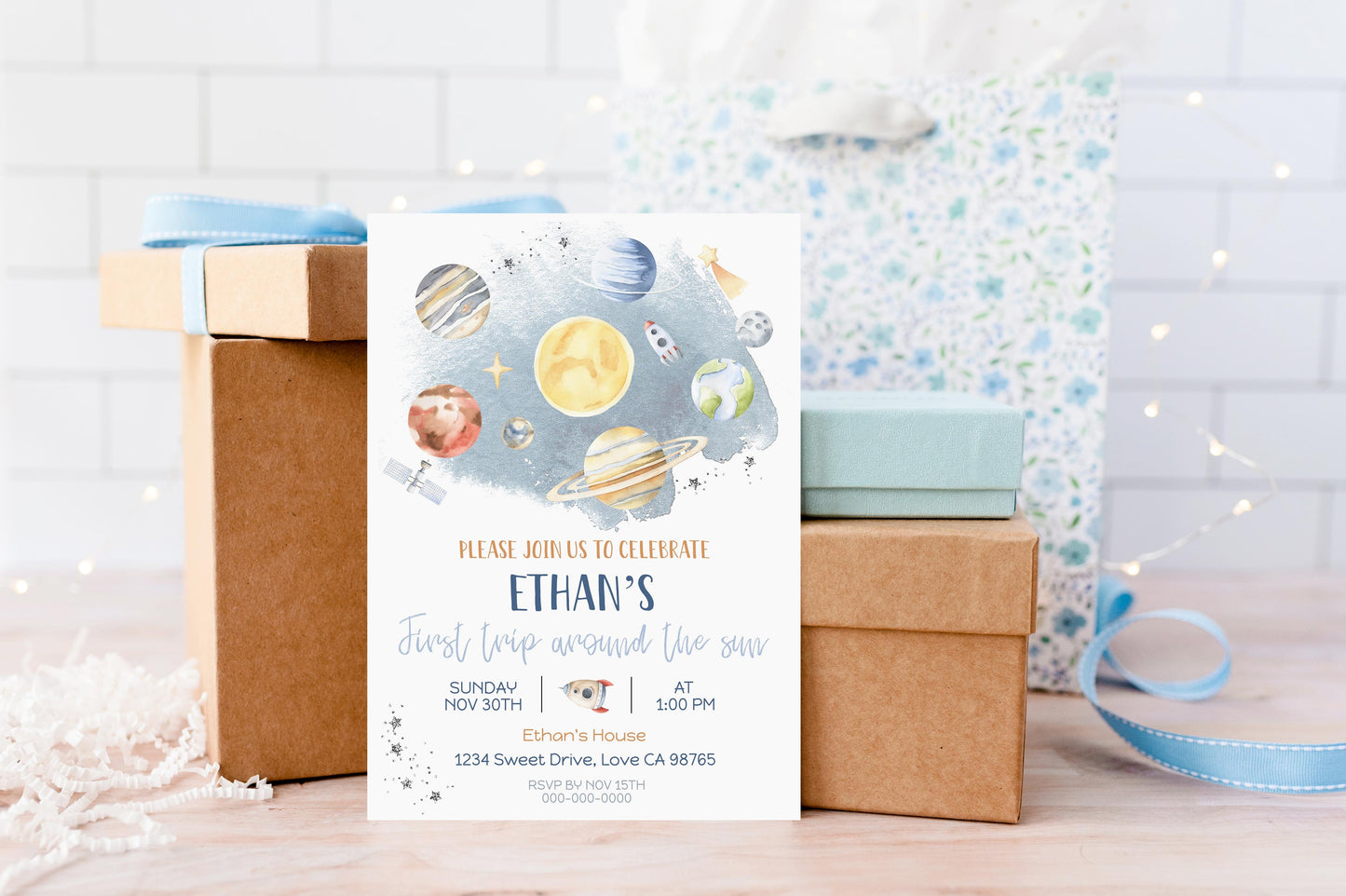 Outer Space First Birthday Invitation | Galaxy Birthday Party Invite - 39B