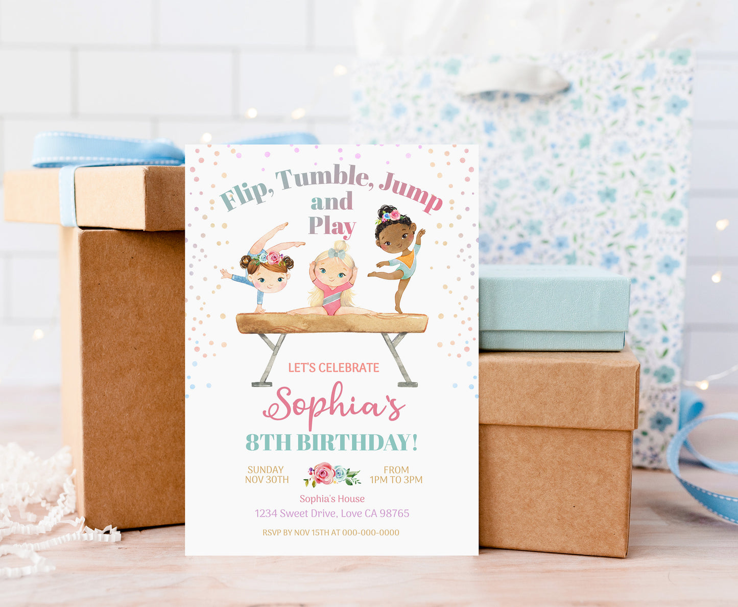 Floral Gymnastic Birthday Invitation Girl | Gymnastic Party Invite - 99A