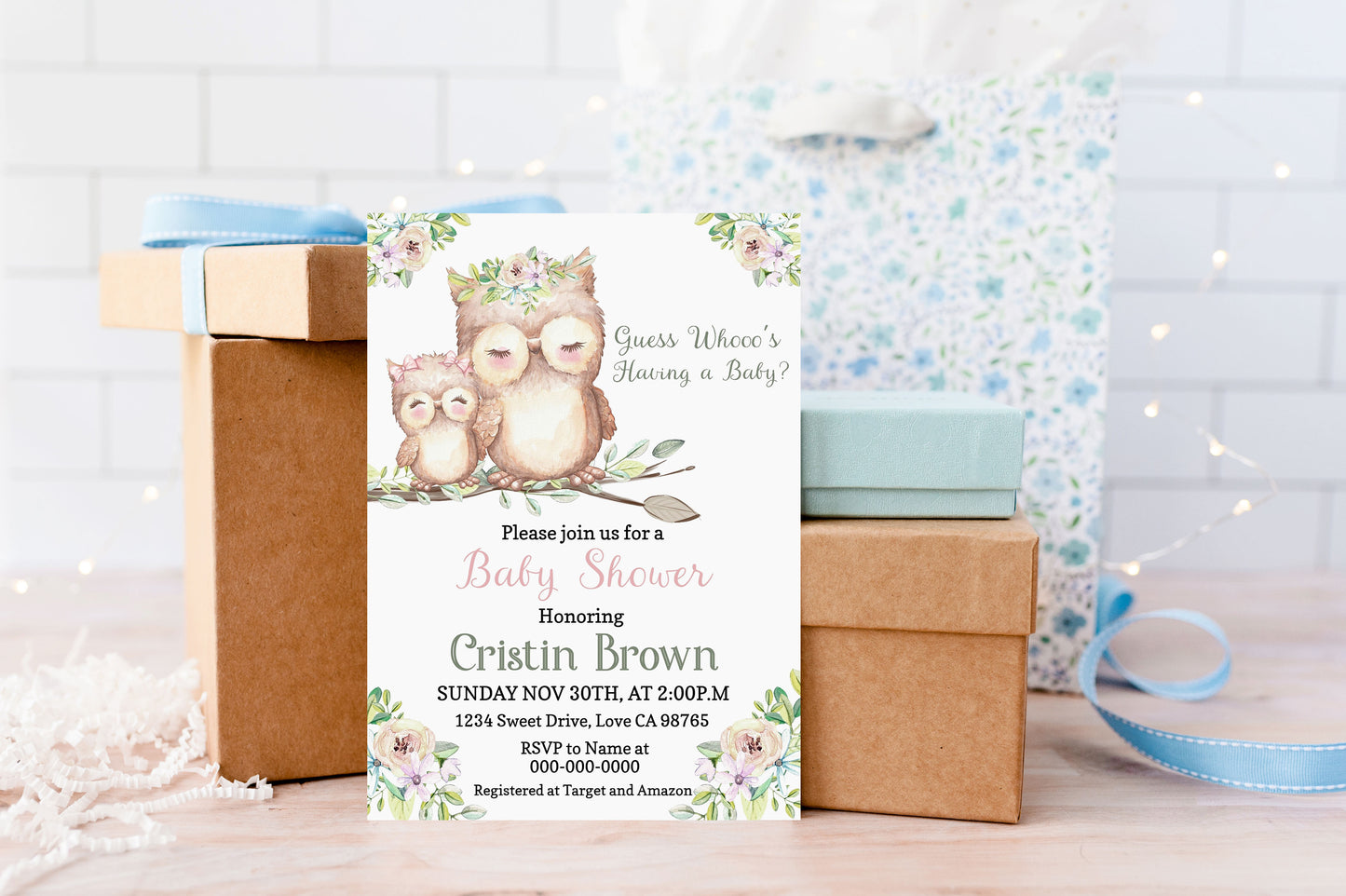 Guess Whoo's Having A Baby Invitation | Editable Owl Girl Baby Shower Invite - 78A