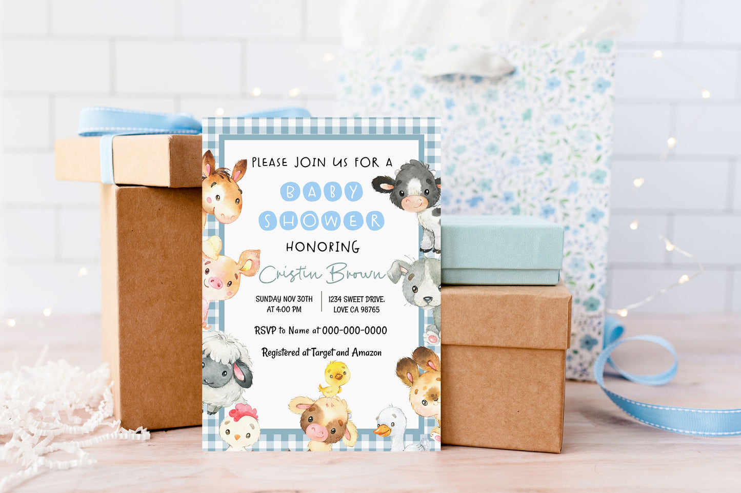 Blue Gingham Farm Editable Baby Shower Invitation | Farm Theme - 11C2