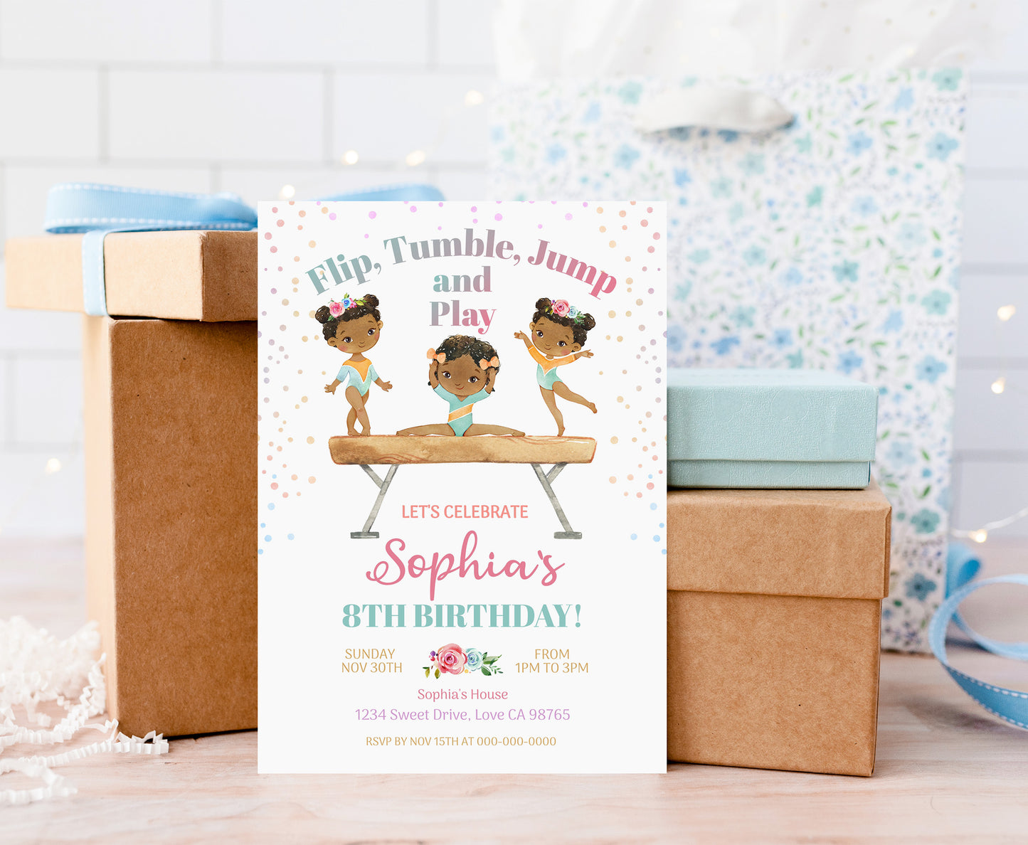 Gymnastic Birthday Invitation Girl | Floral Gymnastic Party Invite - 99A