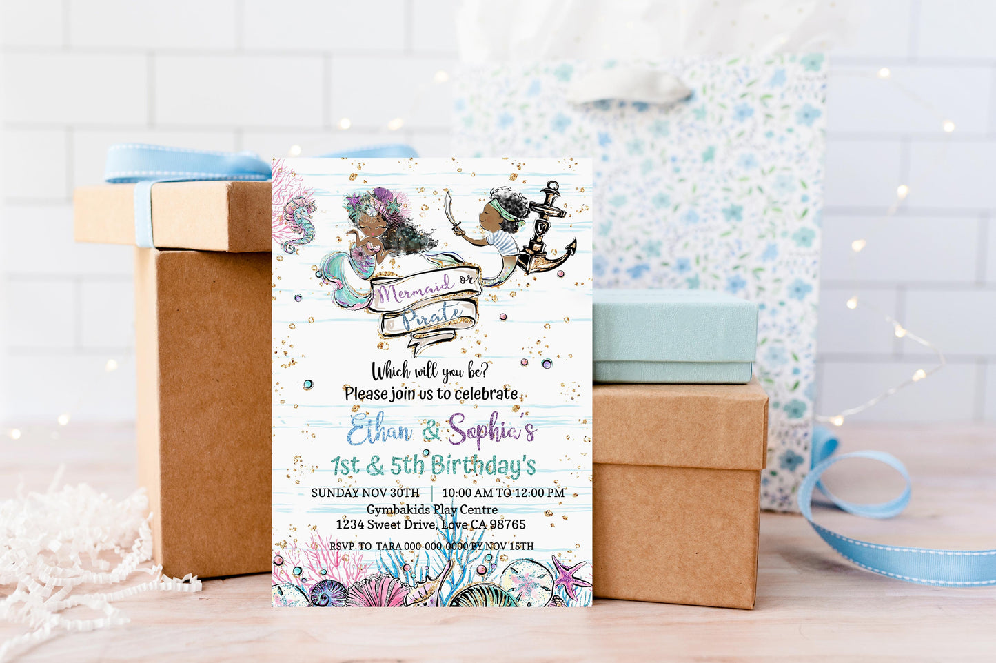 Pirate or Mermaid Birthday Invitation | EDITABLE Twins Birthday Invite - 20A1