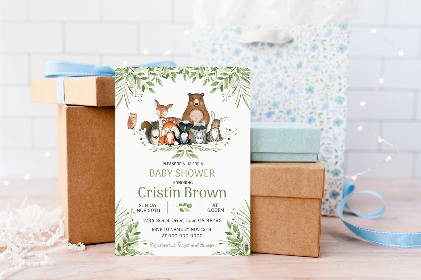 Woodland Baby Shower Invitation | Editable Forest Animals Baby Shower Invite - 47J0