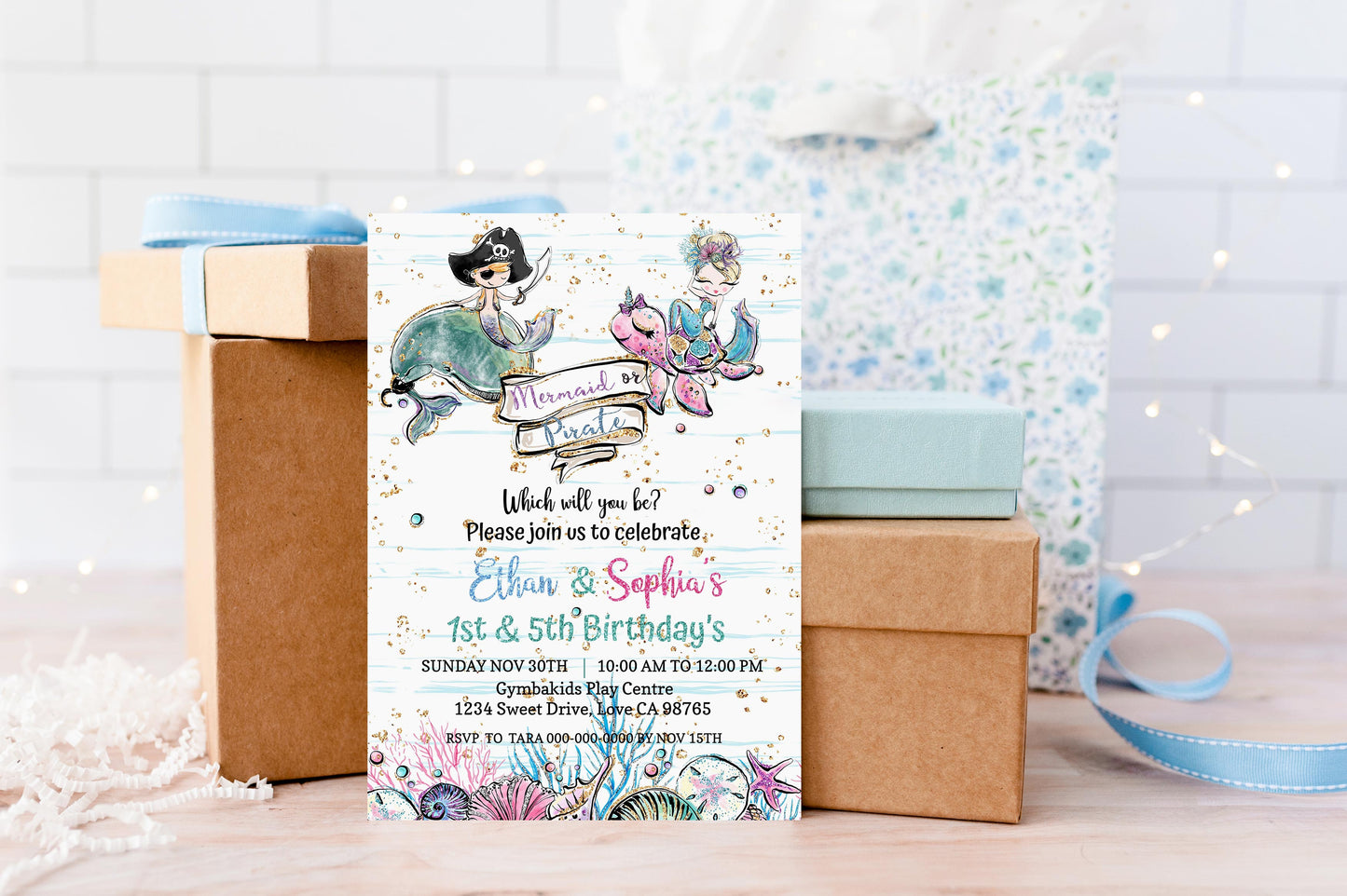 Pirate and Mermaid Party Invitation | EDITABLE Twins Birthday Invite - 20A1