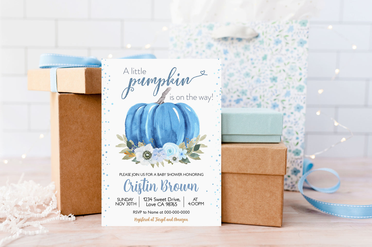 A Little Pumpkin is on the Way Invitation | Editable Pumpkin Baby Shower Boy Invite - 30B