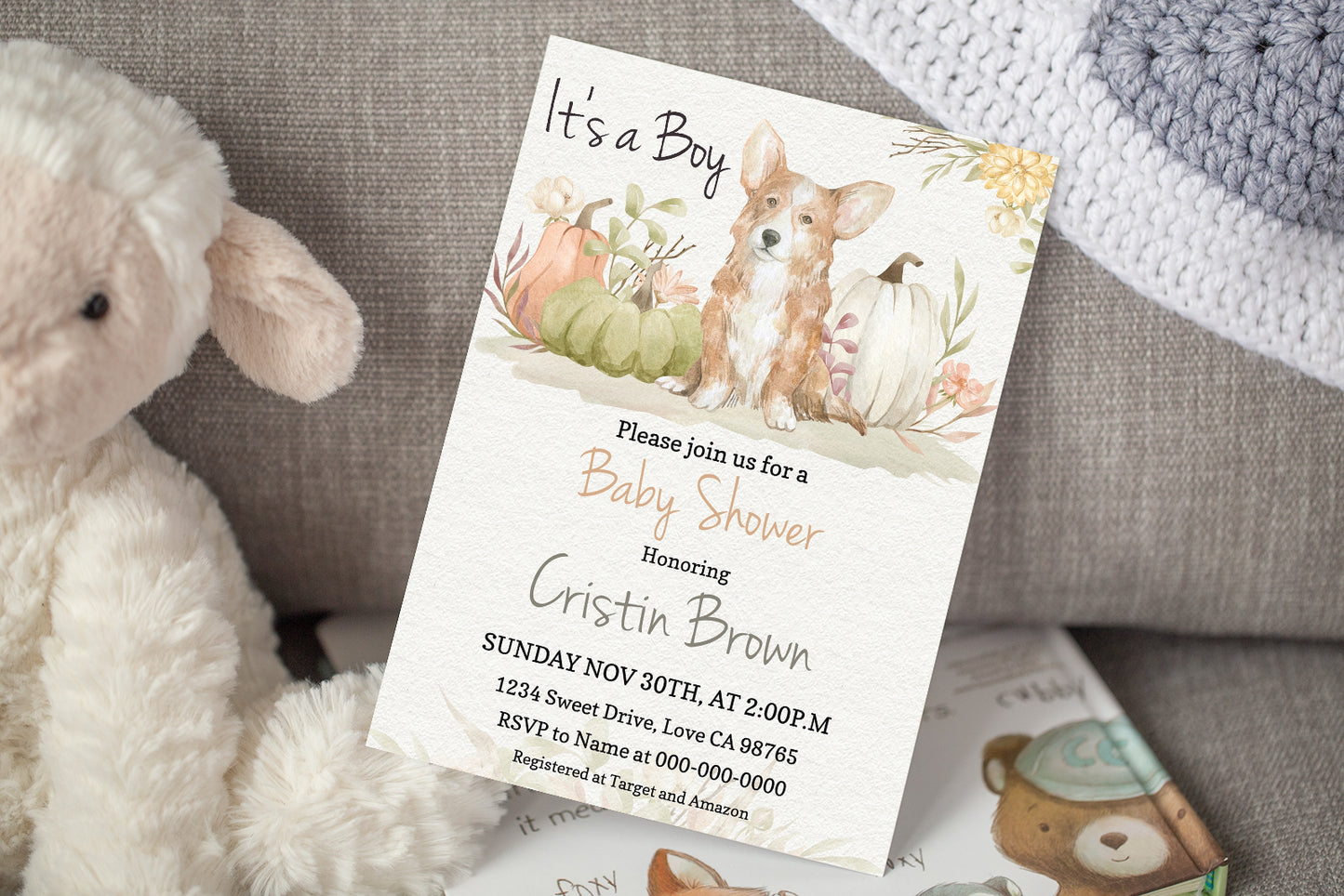 Editable It's a Boy Corgi and Pumpkins Invitation | Fall Boy Baby Shower - 30G2