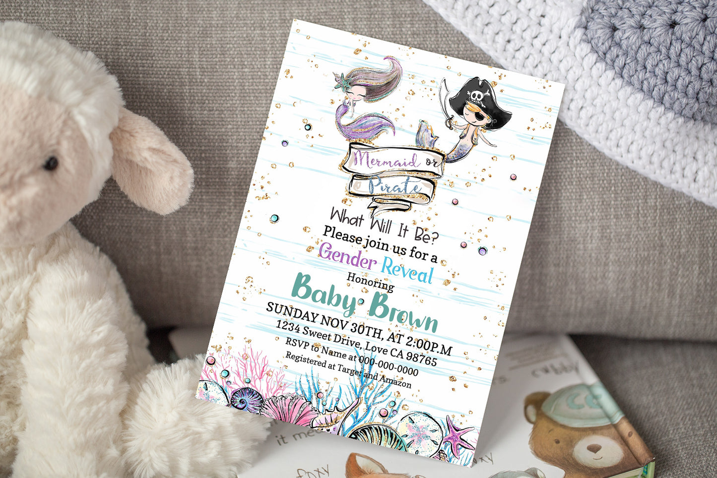 Mermaid or Pirate Editable Invitation | Blue or Pink  Gender Reveal Invitation 20A1